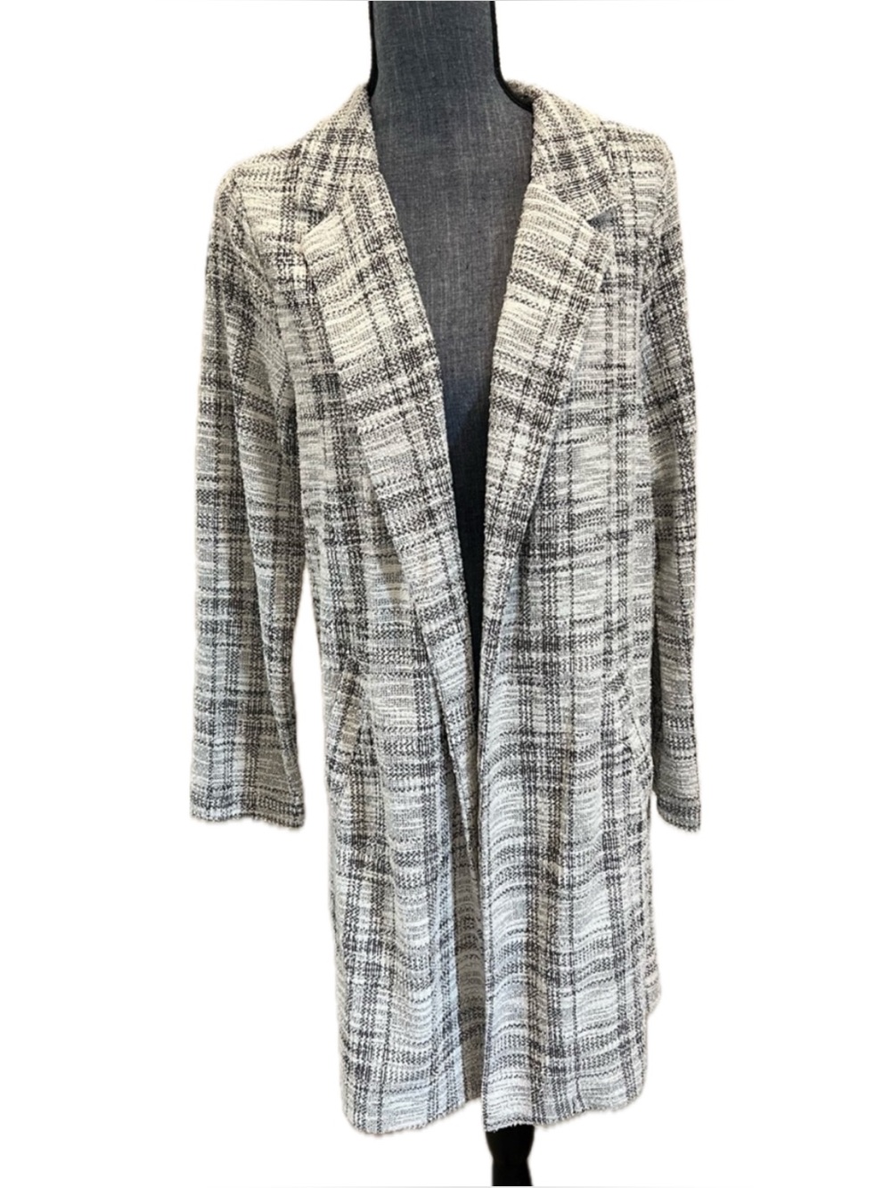 Meloday Women's Long Open-Front Plaid Coatigan - Gray & White